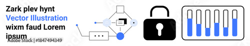 Abstract graphic combining flowchart diagram, technological components, padlock, and progress bars. Ideal for data, security, technology, cybersecurity, analysis access control and a simple landing
