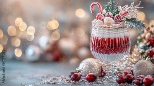 A festive, layered dessert in a glass topped with a candy cane and holiday greenery, surrounded by cranberries and ornaments against a soft, bokeh-lit background.