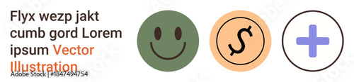 Mental health, finance, medical services, positivity, decision-making, teamwork. Three distinct circular icons happy face, currency symbol and plus sign. Mental health and finance concept