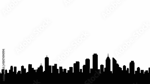 Sleek black silhouette of a modern city skyline against a clean white background.