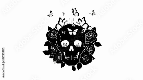 Ethereal skull adorned with delicate butterflies and dark roses, a symbol of transformation and beauty.