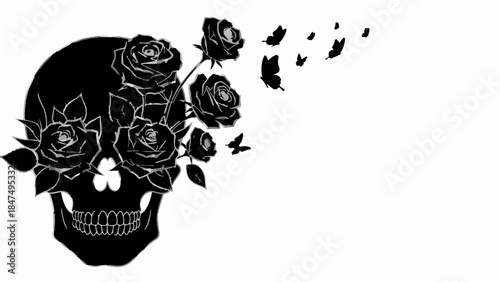 Black skull with vibrant roses blooming and butterflies fluttering away, symbolizing transformation and new beginnings.