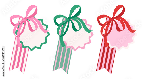 Set of Сhristmas paper scrapbooking tag with white frame, gift label tied up with red, green, pink bow, ribbon for New Year. Hand drawn isolated flat template for sale. Vector EPS10