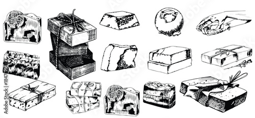 Vintage-style illustration of a handmade soap and hand washing scene in monochrome engraved sketch style. Organic cosmetic concept with natural lather and bubbles, ideal for spa labels, banners,