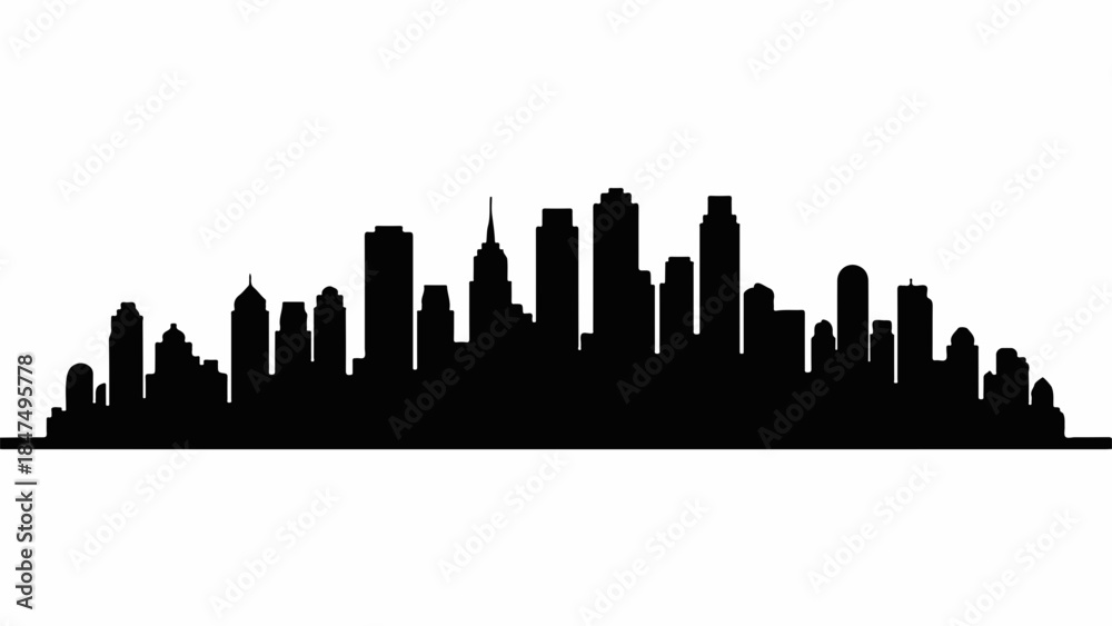Naklejka premium Monochromatic silhouette of a bustling city skyline against a stark white background.