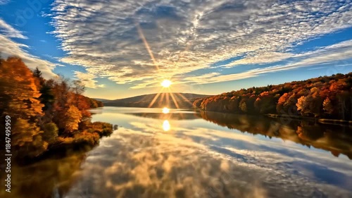 Golden Sunrise Over Misty Lake with Autumn Trees and Reflective Water.
