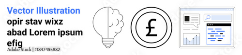 Financial growth, technology innovation, investment, digital analytics, creativity, entrepreneurial ideas. Light bulb, pound sign and analytics dashboard. Financial growth and technology innovation