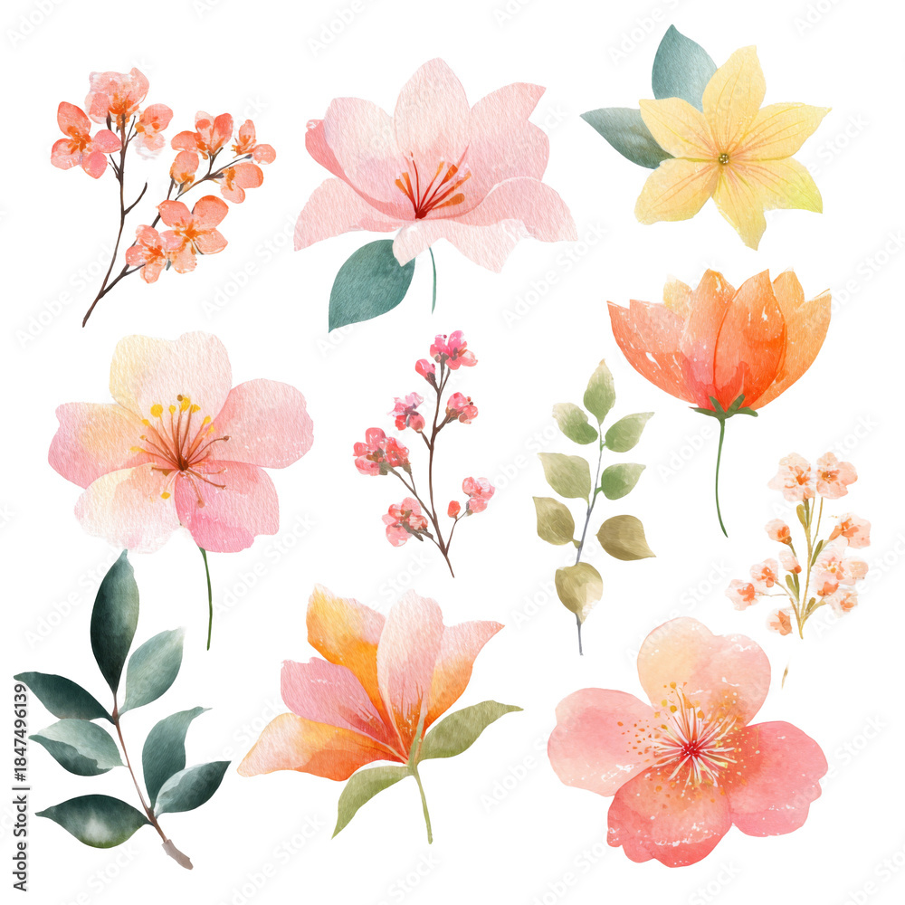 Fototapeta premium Set of elegant watercolor pastel flowers and botanical clipart isolated on white background