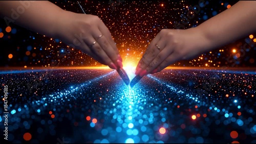 Two hands touching a futuristic digital light path in a dark, star-filled environment, symbolizing connection and innovation.