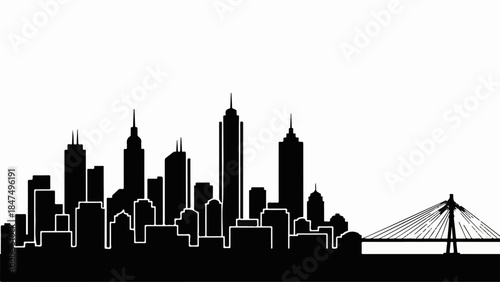 Modern city skyline with bridge silhouette against a bright sky