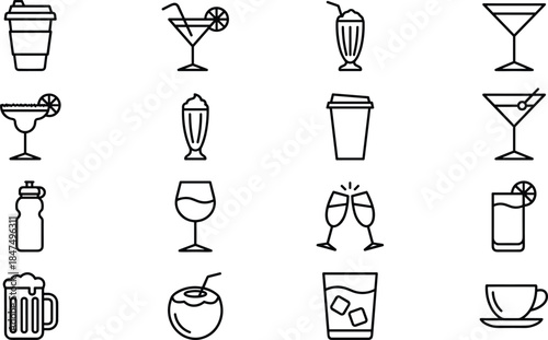 Drink beverage line icons set, coffee cocktail juice milkshake glass symbols, cafe bar menu vector illustration outline minimal collection