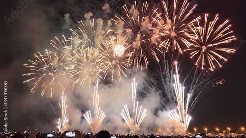 Vibrant night fireworks display with spectators celebrating under dark sky