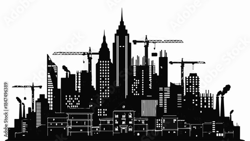 Dramatic silhouette of a city skyline under construction, showcasing modern architecture and cranes against a bright backdrop.