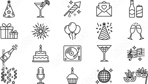 Party celebration line icons set, birthday event symbols, music drinks fireworks gifts balloons festive vector illustration outline minimal collection design