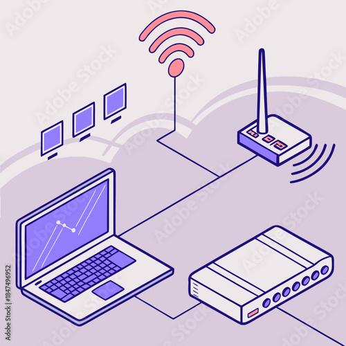 Laptop connected to router and modem with Wi Fi signal and monitors