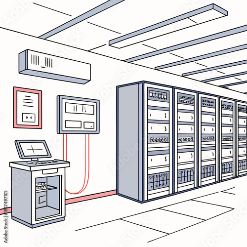 Server room with computer workstation and network equipment