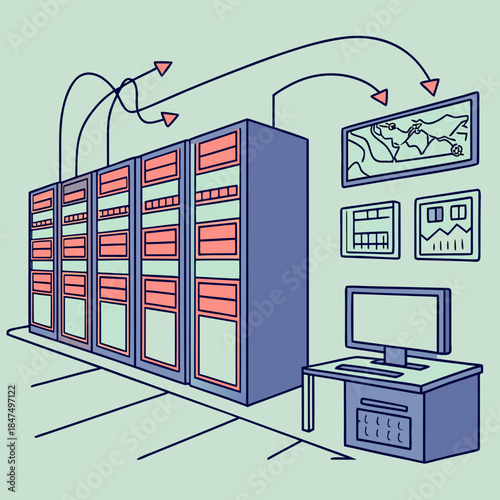 Server room with computer and monitor data center network