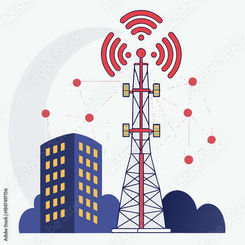 Cellular tower with building and network signals communication tower