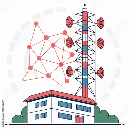 Cellular tower with network connections and building