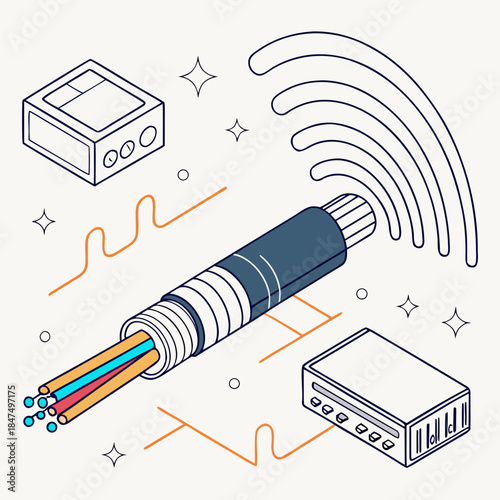 Fiber Optic Cable with Networking Devices and Wi Fi Signal