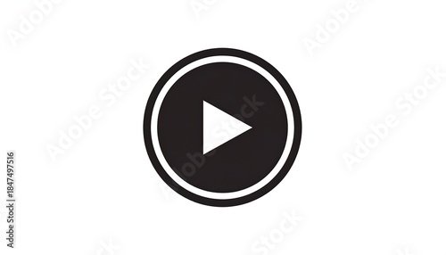 A black and white circle with a play button in the center