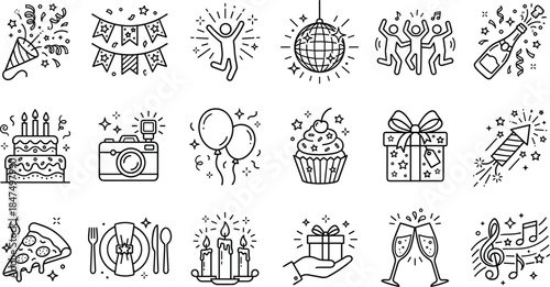 Party celebration line icons set, birthday event symbols, music food drinks gifts fireworks balloons festive vector illustration collection outline minimal