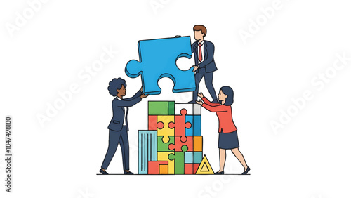 Illustration of business professionals collaborating to assemble a large jigsaw puzzle with colorful blocks on a clean white background.