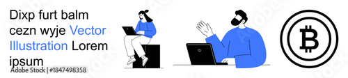 Cryptocurrency, remote work, online communication, blockchain, financial technology, teamwork. People interacting with laptops and a Bitcoin symbol. Cryptocurrency and blockchain technology concept