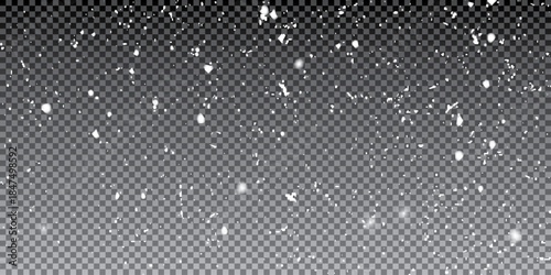 Vector snow falling from above. Snowfall on isolated transparent background. Christmas or winter background. Snow or snowflakes