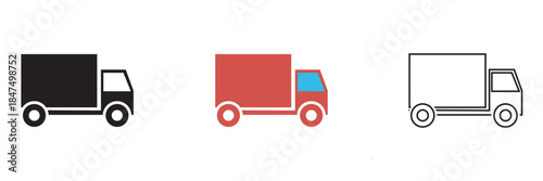 Delivery Truck Icons Set Flat Design. Set of three delivery truck icons in different styles and colors, representing shipping, logistics, courier service, and transportation concepts.

