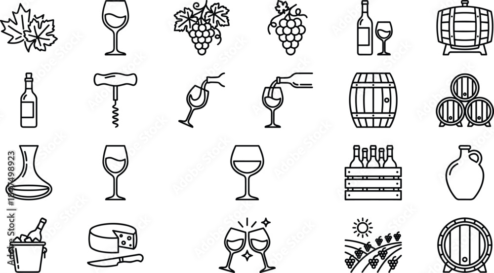 Fototapeta premium Wine making line icons set, vineyard grapes barrels bottles glasses cellar tools vector illustration outline minimal collection design winery alcohol
