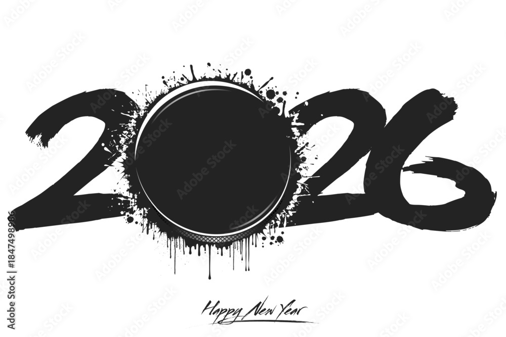 Naklejka premium Numbers 2026 and a abstract hockey puck made of blots in grunge style. Design text logo Happy New Year 2026. Template for greeting card, banner, poster. Vector illustration on isolated background