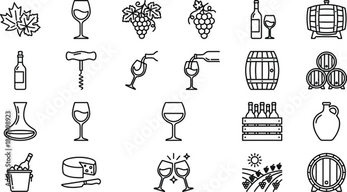 Wine making line icons set, vineyard grapes barrels bottles glasses cellar tools vector illustration outline minimal collection design winery alcohol