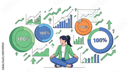 A woman sits in a meditative pose surrounded by colorful graphs and charts with upward arrows on a white background.