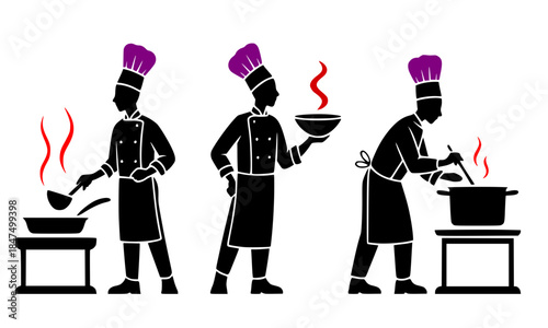 Professional chef silhouettes cooking in kitchen, restaurant cook characters with hats holding pan and bowl, catering service and culinary arts vector elements, gourmet food preparation icons isolated