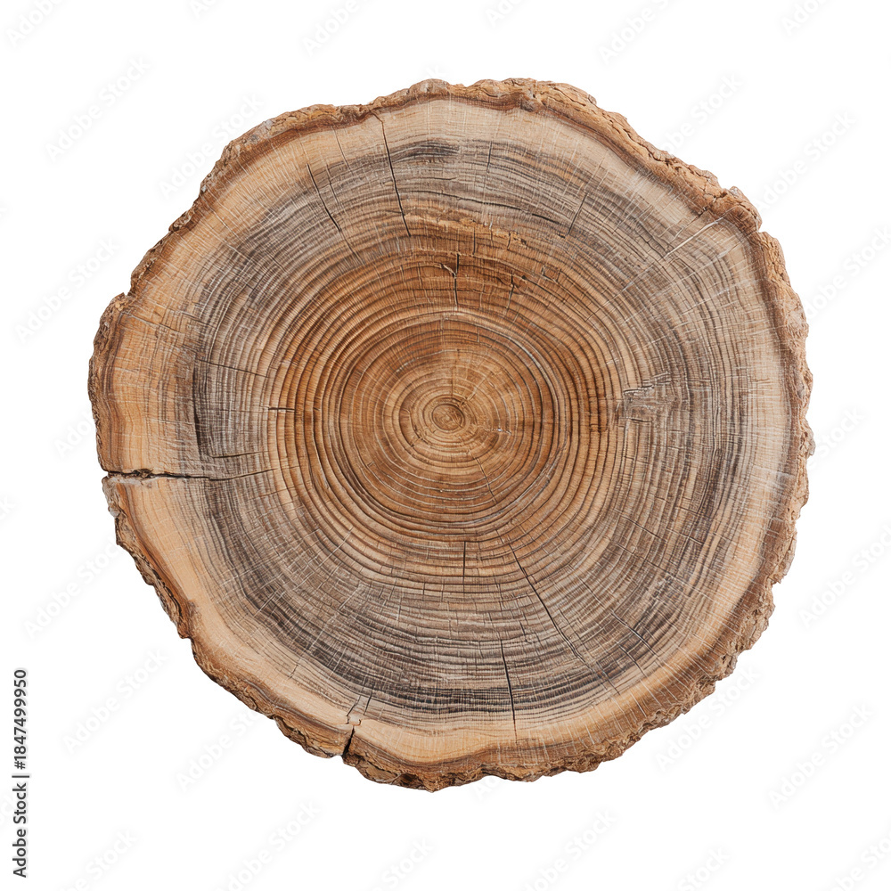 Obraz premium A textured cross section of an old wooden tree stump shows natural brown annual rings and a circular timber pattern on a cut log slice in the forest