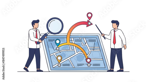 Two businessmen in white shirts analyzing a map with a magnifying glass and pointer on a white background, conveying a professional and navigational mood.