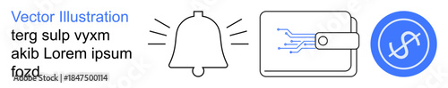 Ecommerce, fintech, secure transactions, digital payments, online budgeting, notification systems. A bell, wallet with circuits and currency symbol. Ecommerce and fintech concept
