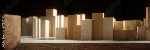 Wooden skyline architectural model urban design cityscape balsa wood minimal modern studio