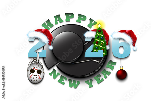 Happy new year. 2026 with hockey puck. Numbers in Christmas hats with mask, hockey stick and Christmas tree ball. Original template design for greeting card. Vector illustration on isolated background