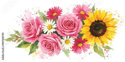 Watercolor floral collection bundle. Mega set of hand painted roses, sunflowers, poppy, hydrangea, lilies, lavender, and garden wildflowers isolated on white background.