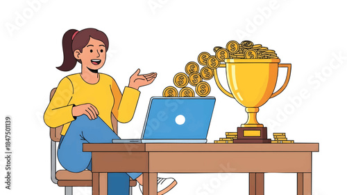 A cheerful young woman sitting at a desk with a laptop and gesturing towards a large golden trophy with coins spilling out, on a plain white background.