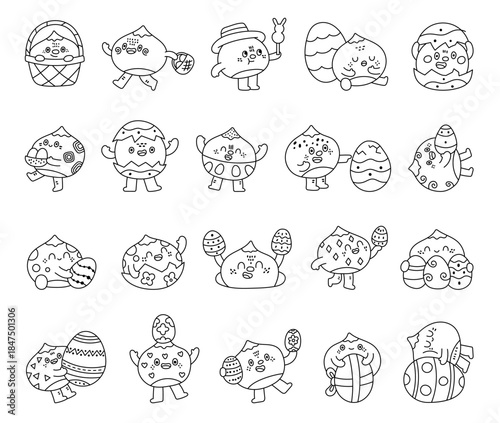 Easter chestnut character set in outline line art with cute cartoon different poses and funny emotions holding decorated eggs, bowl, baskets and celebrating spring holiday