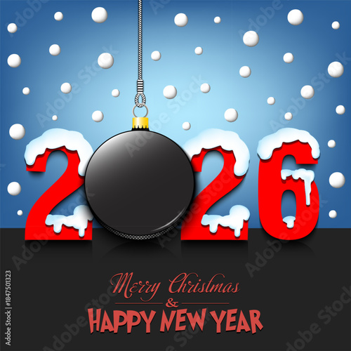 Merry Christmas and Happy New Year. Number 2026 and hockey puck as a Christmas decorations hanging on strings amid falling snow on a mirror surface. Pattern for greeting card. Vector illustration