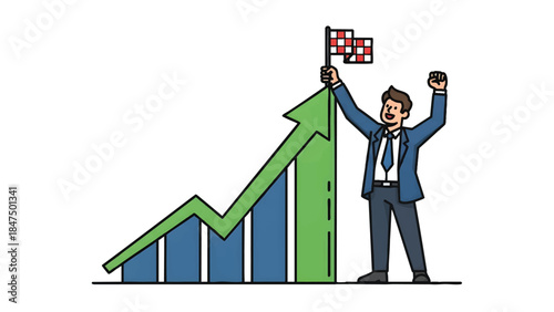 A cartoon businessman in a blue suit celebrates with a raised fist and a checkered flag next to a green arrow graph on a white background, conveying success and growth.