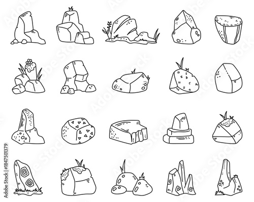 Stone set in outline line art presenting diverse natural rocky formations with organic ground features offering perfect resources for illustration and landscape design projects
