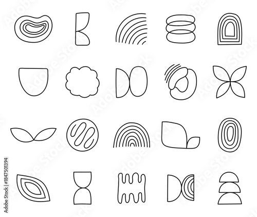Geometric shape outline line art set showing abstract hand drawn doodle forms and minimal contour elements for modern graphic decoration and creative projects