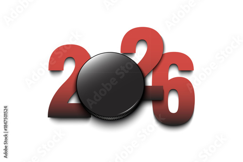New Year numbers 2026 and hockey puck on an isolated background. Creative design pattern for greeting card, banner, poster, flyer, party invitation, calendar. Vector illustration