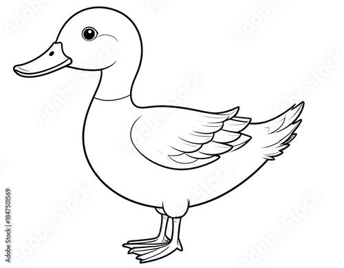 A black and white line drawing of a simple, cartoon-style duck