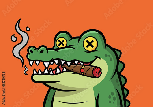 A cartoon crocodile smokes a cigar on an orange background illustration.